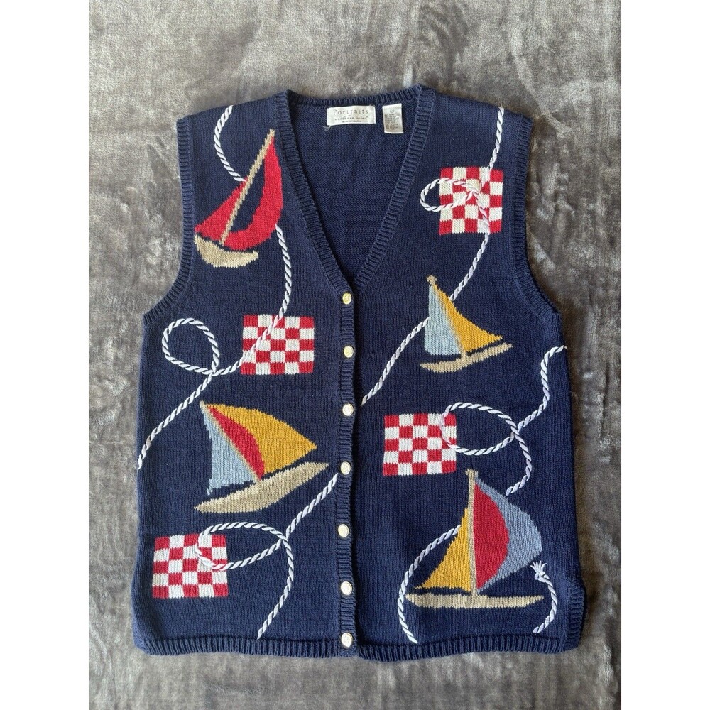 NORTHERN ISLES size M Embroidered multicolor sleeveless cardigan nautical theme